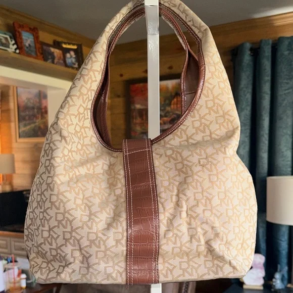 DKNY Beige and Brown Monogram Shoulder Bag - Picture 6 of 12